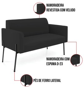 Sofá Namoradeira 2 Lugares Pé de Ferro Preto Marisa Veludo D03 - D'Rossi - Preto