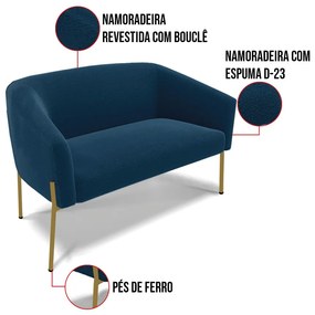 Sofá Namoradeira e Poltrona Pé Ferro Dourado Stella Bouclê Azul D03 - D'Rossi