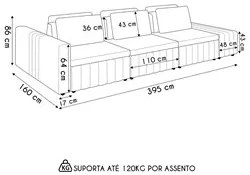 Sofá Ilha e Puff Sala Living 395cm Siesta M22 Linho Areia    - Mpozena