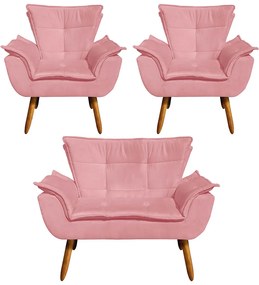 Namoradeira e 2 Poltronas Pé Palito Castanho Opala Suede D03 - D'Rossi - Rose