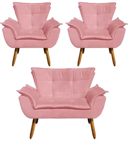 Namoradeira e 2 Poltronas Pé Palito Castanho Opala Suede D03 - D'Rossi - Rose