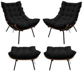 Kit 02 Poltronas e 02 Puffs Costela Base Fixa Suede Preto - ADJ Decor