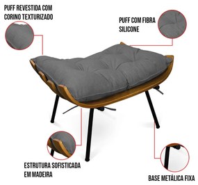 Puff Costela Base Fixa Preta Sala de Estar Corino Text Cinza S01 - D'Rossi