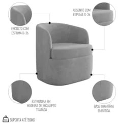 Kit 2 Poltronas Giratória Decorativa para Sala Dandara Z08 Veludo Cinz