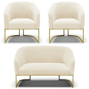 Namoradeira e 2 Poltronas Industrial Dourado Stella Veludo D03 - D'Rossi - Bege