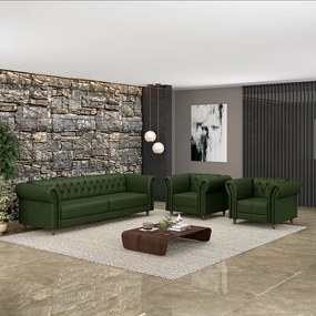 Conjunto Sala de Estar 1 Sofá Living 200cm e 2 Poltronas Stanford Chesterfield Pés Madeira Couro Verde Manchado G58 - Gran Belo