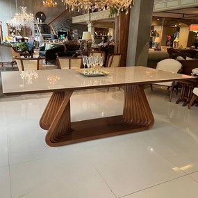 Mesa de Jantar São Francisco Retangular Tampo com Vidro Base Madeira Maciça Design Contemporâneo