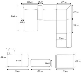 Sofá de Canto Decorativo Sala de Estar 715cm Modulado Takashi com Chaise e Puffs Linho Off White G45 - Gran Belo