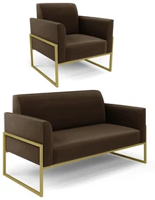 Sofá Namoradeira com Poltrona Base Industrial Alta Dourado Marisa Suede Marrom D03 - D'Rossi