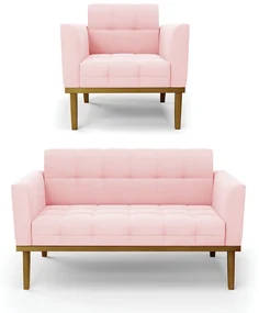 Namoradeira com Poltrona Base de Madeira Castanho Elisa Suede Rosa Bebê D03 - D'Rossi