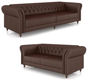 Conjunto de Sofá Sala de Estar Stanford Chesterfield 2 e 3 Lugares 180cm/260cm Pés Madeira Couro Marrom Brilho G58 - Gran Belo