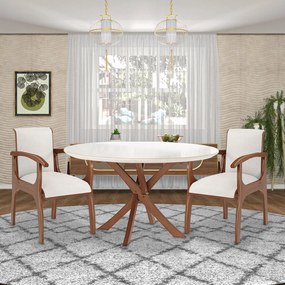 Cadeira Decorativa Sala de Jantar Madeira Maciça Pedri com Braço Linho Off White/Imbuia G42 - Gran Belo