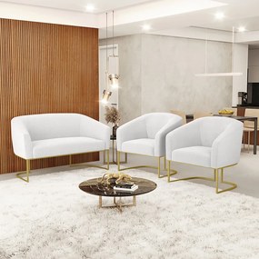 Sofá Namoradeira e 2 Poltronas Base Industrial Dourado Stella Bouclê Off White D03 - D'Rossi