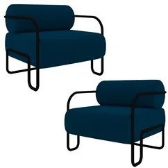 Poltrona Decorativa para Sala Industrial Kit 2 Kira K04 Veludo Azul -