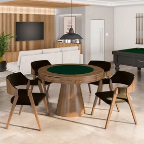 Conjunto Mesa de Jogos Carteado Bellagio Tampo Reversível e 4 Cadeiras Madeira Poker Base Cone Veludo Marrom/Nogueira G42 - Gran Belo