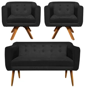 Kit 01 Namoradeira 02 Lugares e 02 Poltronas Giratória Julia Suede Preto Base Madeira MM30 D'Rossi