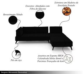 Sofá de Canto Modulado 282cm Sabrina Pés em Aço com Puff Veludo Preto G52 - Gran Belo