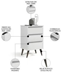 Mesa de Cabeceira Pés Retrô 3 Gavetas 43cm Wood Branco - EJ Móveis