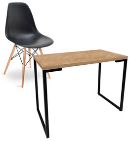 Kit Mesa Para Computador Escrivaninha Porto Natural 120 cm e Cadeira Eiffel Charles Eames Preto - D'Rossi