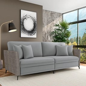 Sofá Living Decorativo Zagreb 3 Lugares 262cm com Almofadas Pés de Ferro Veludo/PU Cinza G33 - Gran Belo