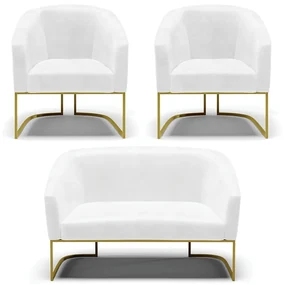 Namoradeira e 2 Poltronas Industrial Dourado Stella Sintético PU D03 - D'Rossi - Branco