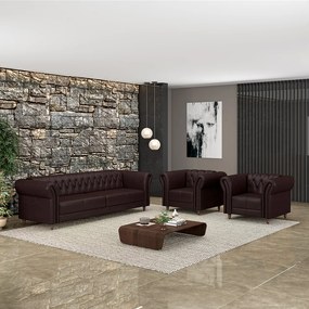 Conjunto Sala de Estar 1 Sofá Living 180cm e 2 Poltronas Stanford Chesterfield Pés Madeira Couro Wine Vinho G58 - Gran Belo