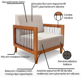 Poltrona Sala de Estar Pés Madeira Maciça Corda Náutica Preta 75cm Manila Linho Areia Rústico G63 - Gran Belo