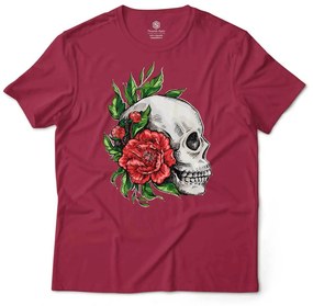 Camiseta Unissex Caveira e Rosas Vermelhas - Vinho - M