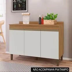 Balcão Gabinete Para Pia 120cm Sem Tampo 3 Portas Karen P14 Nature/Off