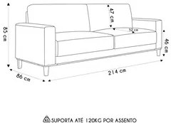 Sofá 3 Lugares Sala Estar Living 214cm Zaire M22 Linho Areia   - Mpoze