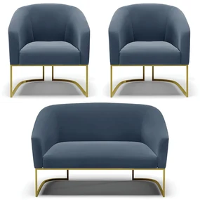 Namoradeira e 2 Poltronas Base Industrial Dourado Stella Suede D03 - D'Rossi - Azul Marinho