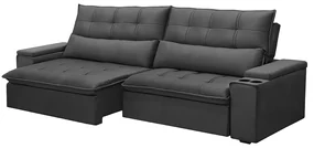 Sofá Retrátil e Reclinável 4 Lugares 250cm Robem Porta Copos no Braço Veludo Grafite G22 - Gran Belo