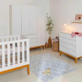 Kit Quarto Infantil Noah Branco - Berço Mini Cama + Guarda-Roupa + Cômoda 4 Gavetas com Pés Square em Madeira