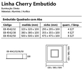 Luminária De Embutir Cherry Quadrado 8L E27 50X50X10Cm | Usina 4542/50 (MT-M Mate Metálico)