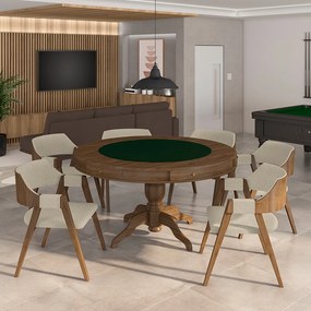 Conjunto Mesa de Jogos Carteado Bellagio Tampo Reversível Verde e 6 Cadeiras Madeira Poker Base Estrela Linho OffWhite/Nogueira G42 - Gran Belo