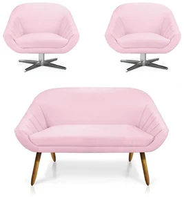 Kit 01 Namoradeira 02 Lugares e 02 Poltronas Giratória Giovana Suede Base Cromada - D'Rossi - Rosa Bebê