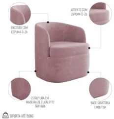 Kit 2 Poltronas Giratória Decorativa para Sala Dandara Z08 Veludo Rosê