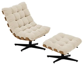 Kit 01 Poltrona e 01 Puff Giratório Costela Suede Bege Base Metálica Preto - D'Rossi