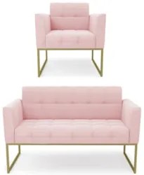 Sofá Namoradeira e 1 Poltrona Base Industrial Dourado Ana Suede Rosa B