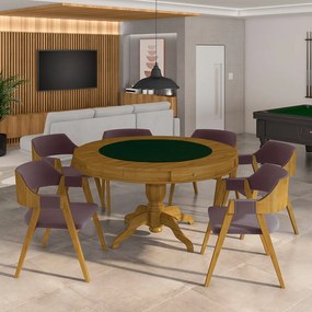 Conjunto Mesa de Jogos Carteado Bellagio Tampo Reversível e 6 Cadeiras Madeira Poker Base Estrela Veludo Rosê/Mel G42 - Gran Belo