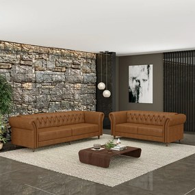 Conjunto de Sofá Sala de Estar Stanford Chesterfield 2 e 3 Lugares 200cm/260cm Pés Madeira Couro Mel Manchado G58 - Gran Belo