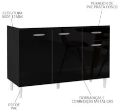 Balcão Gabinete de Pia para Cozinha 120cm 3 Portas Classic Z46 Preto -