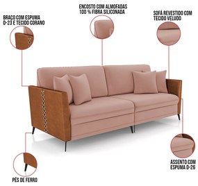 Sofá 2 Lugares Living 182cm Mondaí Sintético Nozes/Veludo Rosê K01 - D'Rossi