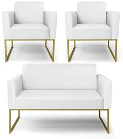 Sofá Namoradeira com 2 Poltronas Base Industrial Dourado Marisa Corino D03 - D'Rossi - Branco