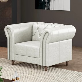 Poltrona Decorativa Sala de Estar Stanford Chesterfield Pés de Madeira Couro Branco Manchado G58 - Gran Belo