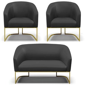 Sofá Namoradeira e 2 Poltronas Base Industrial Dourado Stella Corino Preto D03 - D'Rossi