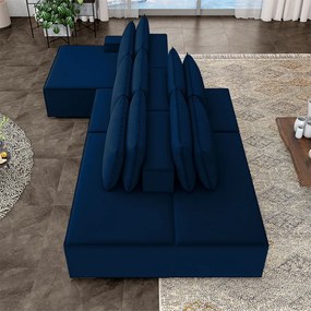 Sofá Ilha com Encosto e Almofadas Delta 415cm Modulado Chaise e Puffs Veludo Azul Marinho G52 - Gran Belo