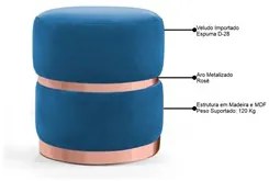 Puff Decorativo Com Cinto e Aro Rosê Round B-170 Veludo Azul - Domi
