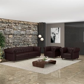 Conjunto Sala de Estar 1 Sofá Living 260cm e 2 Poltronas Stanford Chesterfield Pés Madeira Couro Wine Vinho G58 - Gran Belo