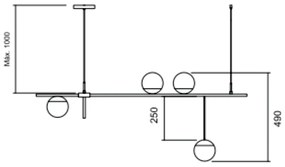 Pendente Bille C/ 4 Globos Assimetricos 120Cm 4L G9 / Metal E Globo Ø1... (PT / DR-M - Preto Text + Dourado Metálico, FOSCO)